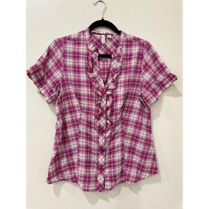 Y2K St Johns Bay Pink Plaid Ruffle V-Neck Button Up Blouse Smocked Back Med